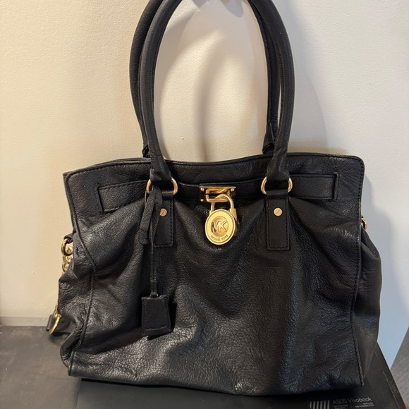 Michael Kors Handbags - Michael Kors‎ Black Leather Satchel Shoulder Bag Gold Hardware Lock Charm